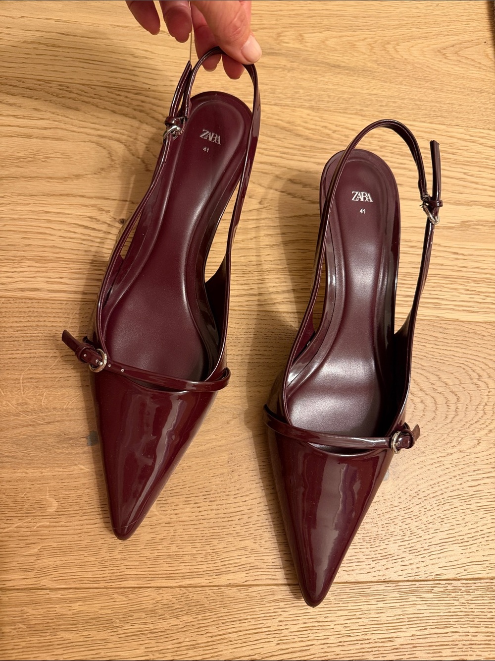 Zara Burgundy Patent Slingback Pointed Mules. Kitten heels size 41 (11)